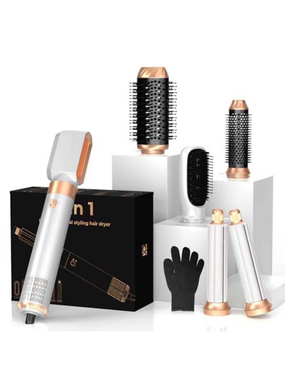 White and Rose Gold 6-in-1 Men or Women Grooming Styling Hair Dryer